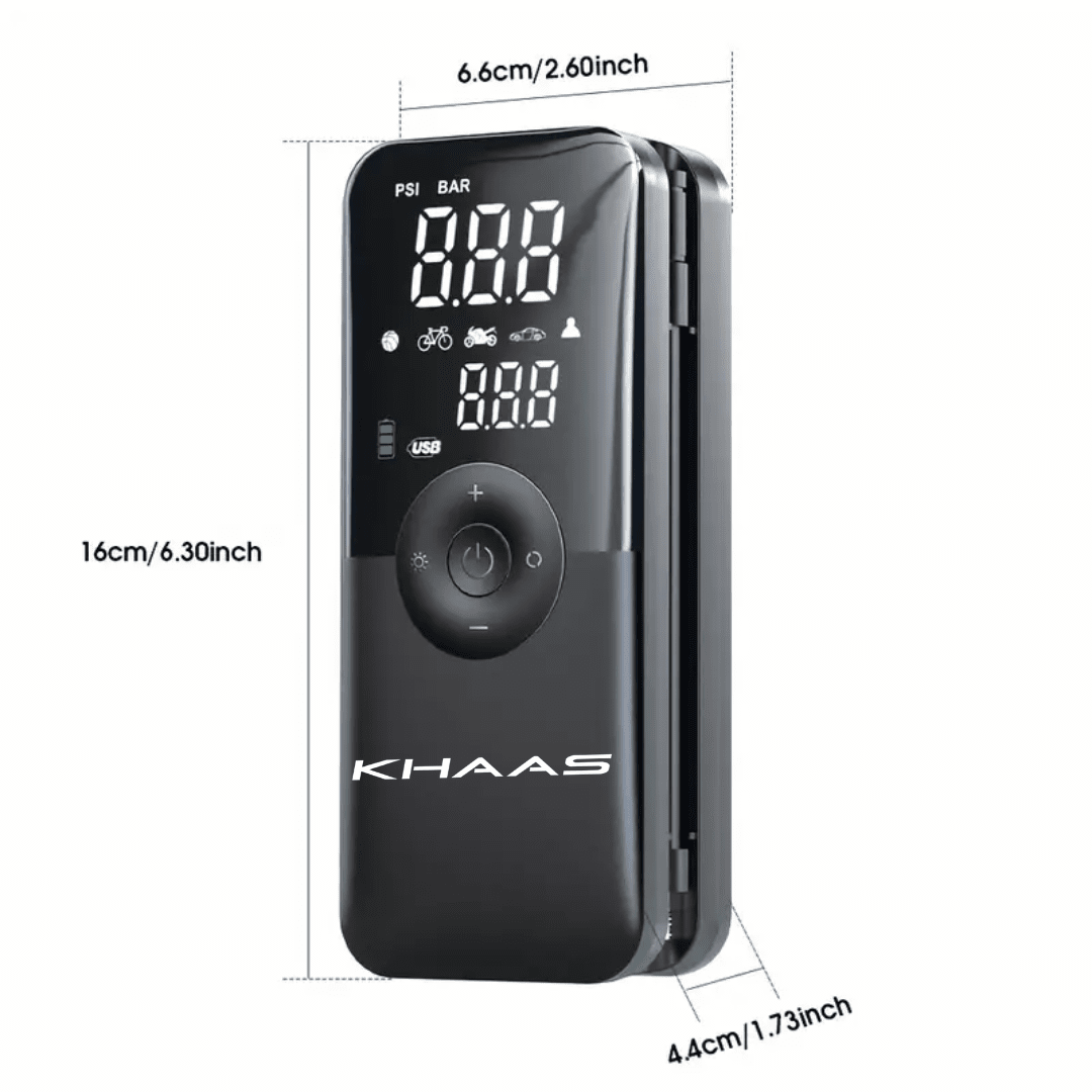 Image of KHAAS SmartInflator Pro™ Portable Tire Inflator, showing the dimensions of the product 