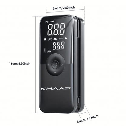 Image of KHAAS SmartInflator Pro™ Portable Tire Inflator, showing the dimensions of the product 