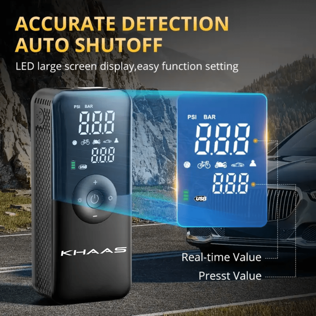 Image of KHAAS SmartInflator Pro™ Portable Tire Inflator, showing the screen readings on the product 