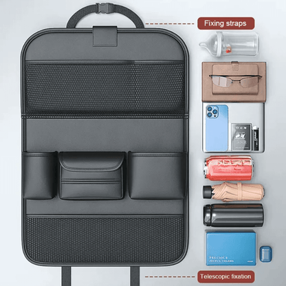 Image of KHAAS Premium Car Back Seat Organizer, showing different products that can be organized well. 