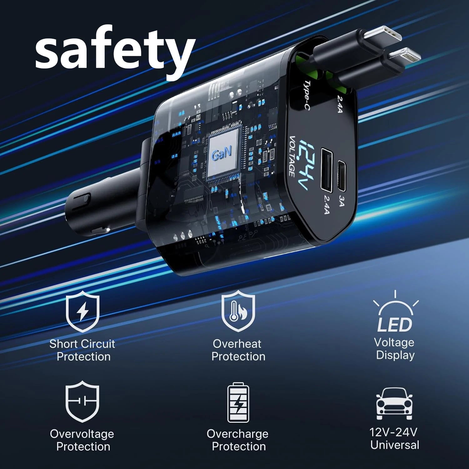 Image of KHAAS Retractable Car Phone Charger, showing the features built it to the device 