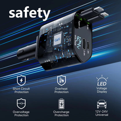 Image of KHAAS Retractable Car Phone Charger, showing the features built it to the device 