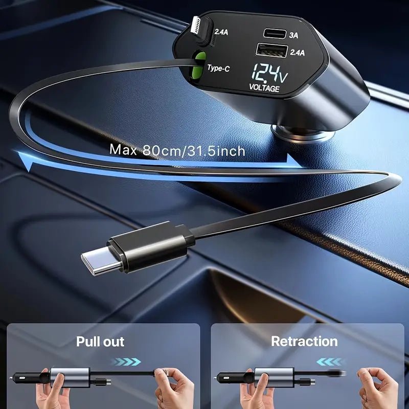 Image of KHAAS Retractable Car Phone Charger, showing the retraction feature of the wires