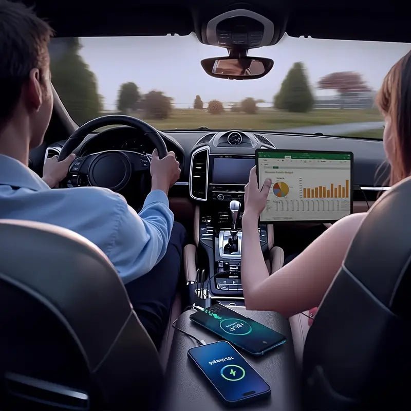 Image of KHAAS Retractable Car Phone Charger, showing the ability to charge multiple devices 