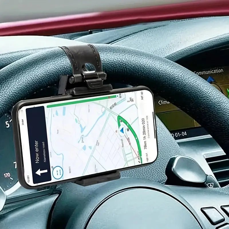 Image of KHAAS Steering Wheel Phone Holder, showing the phone mounted to the product 