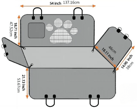 Image of KHAAS Waterproof Back Seat Cover for Dogs with Mesh, showing dimensions of the product. 