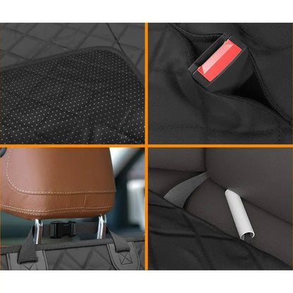 Image of KHAAS Waterproof Back Seat Cover for Dogs with Mesh, showing the features such as non slip base, secure mount etc.. 