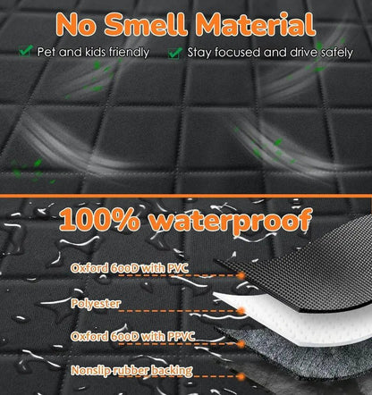 Image of KHAAS Waterproof Back Seat Cover for Dogs with Mesh, showing additional features and breakdown of fabric.