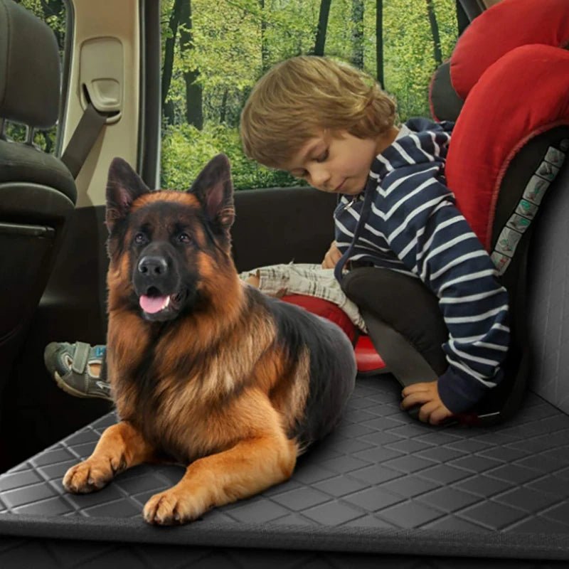 Image of KHAAS Waterproof Back Seat Cover for Dogs, showing the seat being protected with the product while still usable and access to seat belt to secure kids booster seat.