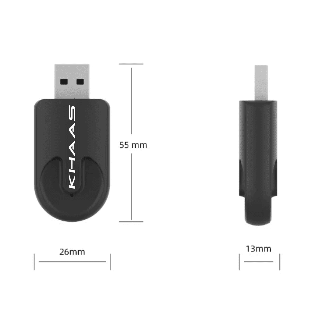 Image of KHAAS Wireless Apple CarPlay Adapter, showing the dimensions of the product 