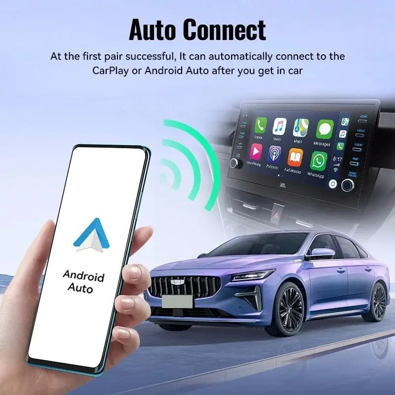Image of KHAAS Wireless Apple CarPlay Adapter, showing the android auto compatibility for wireless connection
