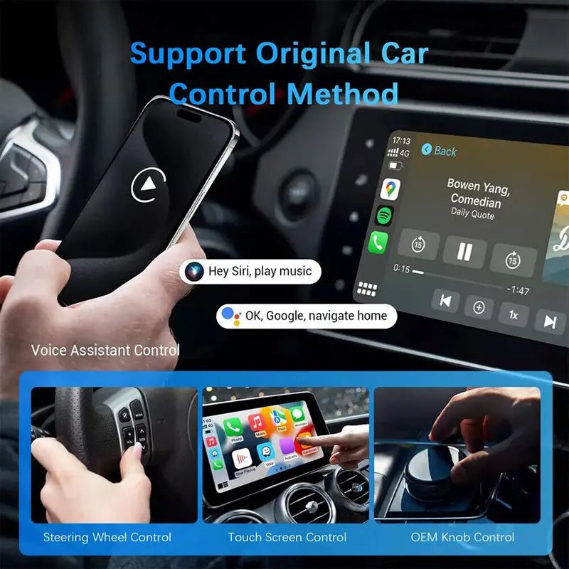 Image of KHAAS Wireless Apple CarPlay Adapter, showing the feature that supports original controls 