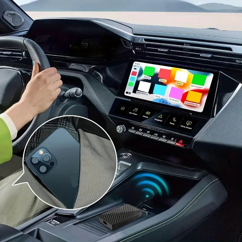 Image of KHAAS Wireless CarPlay Adapter Pro, showing the wireless transformation for apple CarPlay.