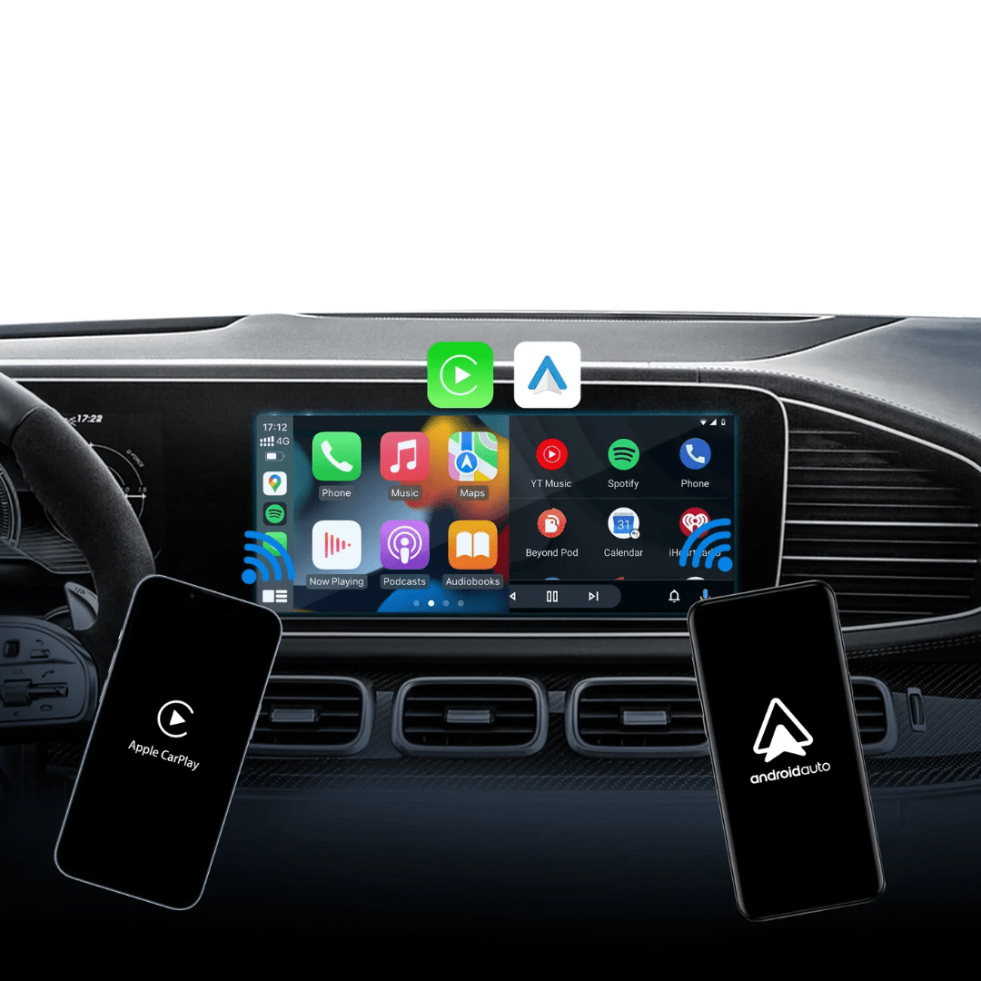 Image of KHAAS Wireless CarPlay Adapter Pro, showing compatibility with both apple carplay and android auto. 